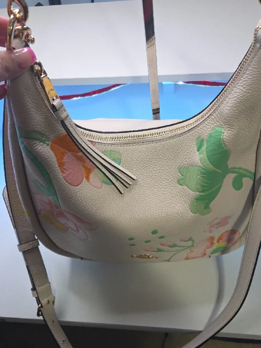 Coach Jules Nwot Cream Leather Floral-Print Hobo Bag with Pastel Accents